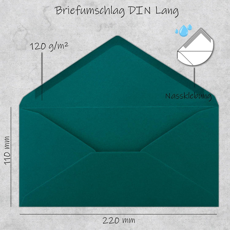 150 Brief-Umschläge Petrol DIN Lang - 110 x 220 mm (11 x 22 cm) - Nassklebung ohne Fenster - Ideal f