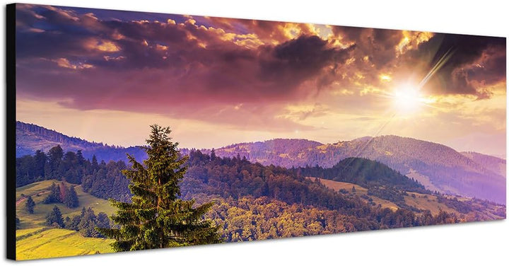 Paul Sinus Art Panoramabild auf Leinwand und Keilrahmen 150x50cm Berge Wald Wiesen Wolken Sonnenaufg