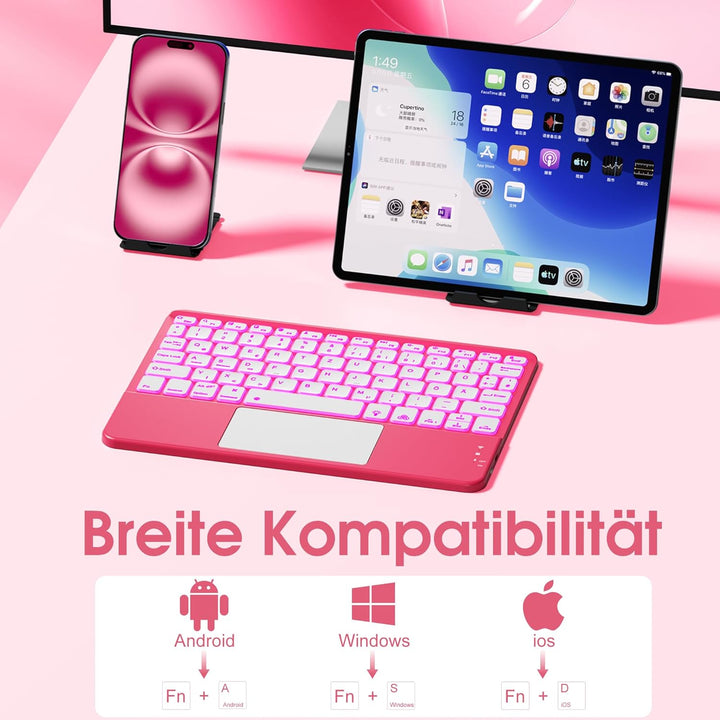 Vobafe Bluetooth Tastatur mit Touchpad, 7-farbiges Backlight iPad Tastatur | Traleicht Kabellose QWE