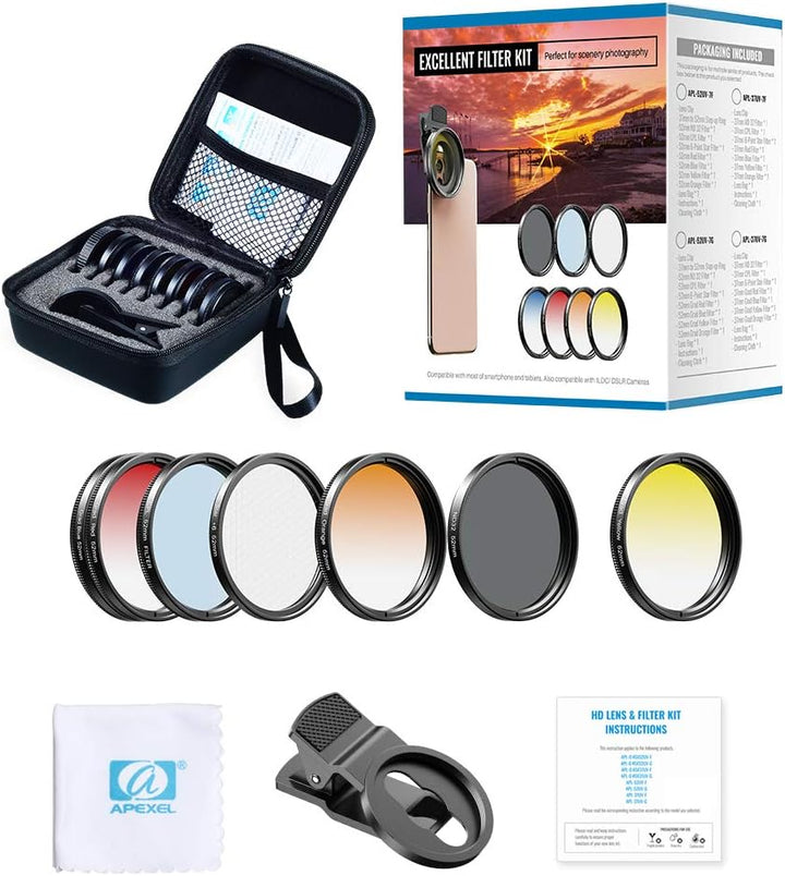 Apexel Filter-Kits für Handykameras, 52 mm, Farbverlaufsfilter (Blau, Gelb, Orange, Rot), CPL, ND32