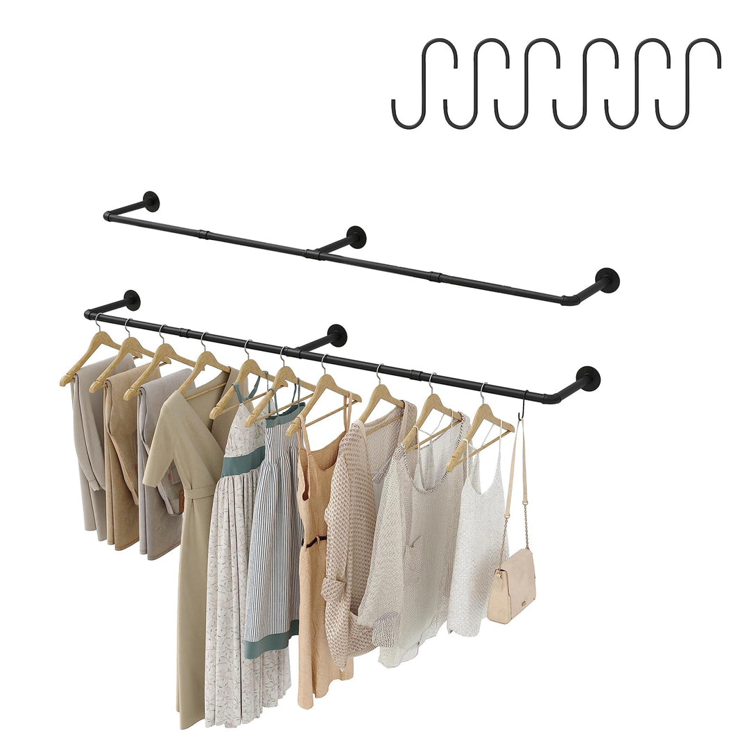 Industrierohr Kleiderstangen 2er Set, 180cm Kleiderständer Wandmontage, Platzsparend Robuster Abnehm