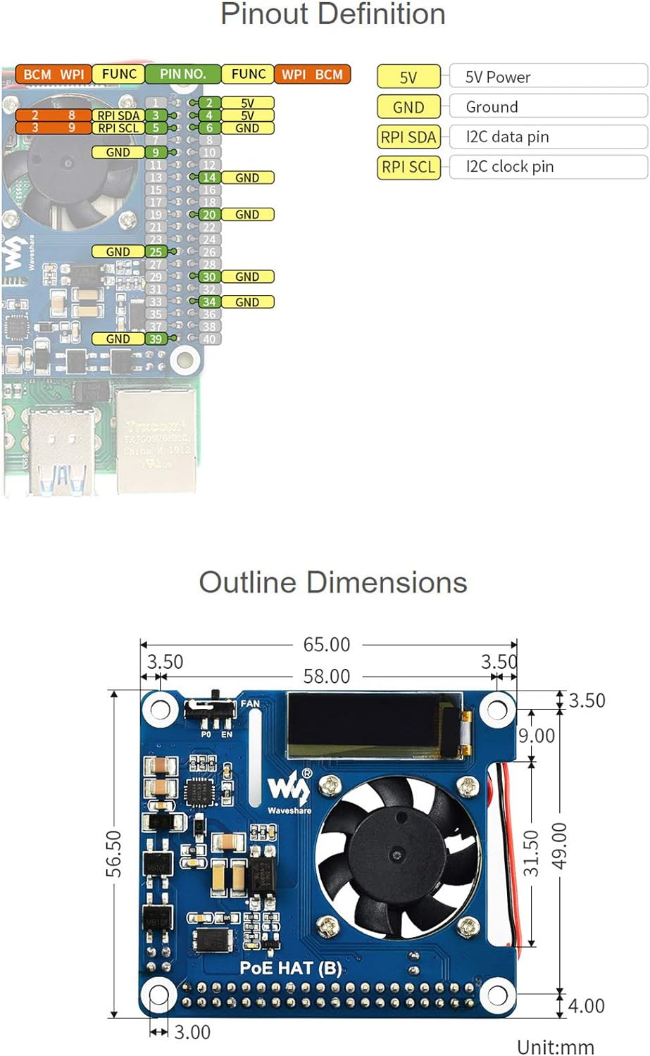 Power Over Ethernet HAT (B) for Raspberry Pi 3B+/4B,802.3af Compliant Power Over Ethernet Accessory