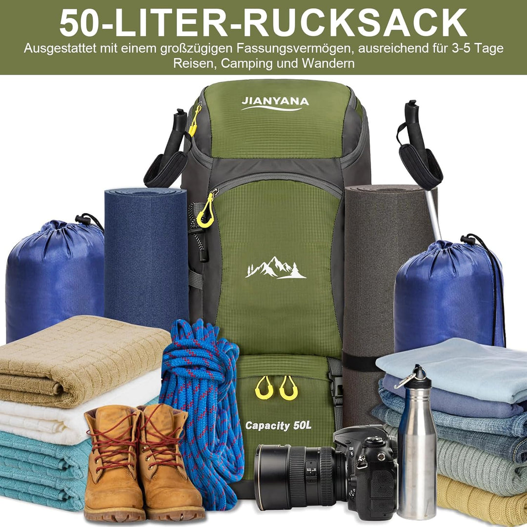 jianyana Wanderrucksack 50L Trekkingrucksack Regenhülle Reiserucksack Wasserdichter Campingrucksack