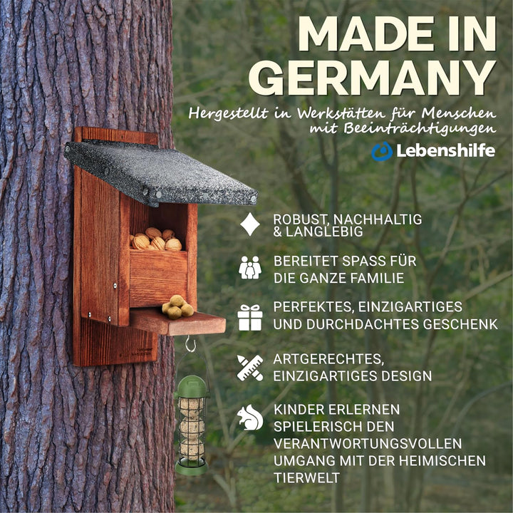 Eichhörnchen Futterhaus wetterfest aus pfälzer Holz – ohne Genickbruchklappe – Futterstation & Überw