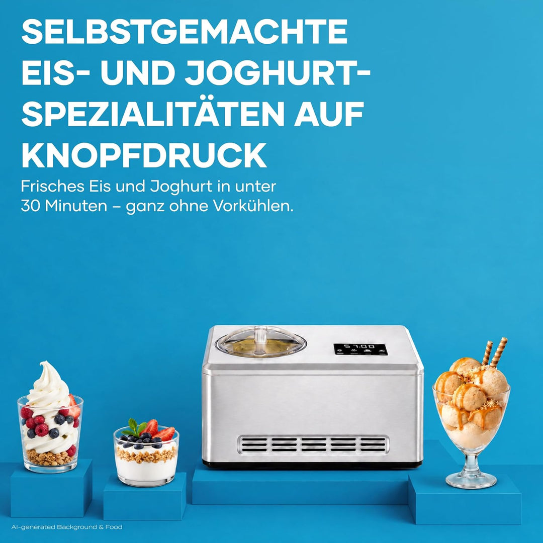 Severin 2-in-1 Eismaschine mit Joghurtfunktion, Inkl. Eisbehälter (2L) und Rezeptbuch, Digitaler Tim