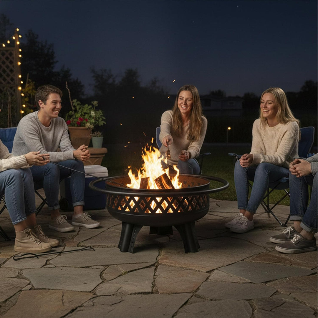 Relaxdays Feuerschale, Ø 80,5 cm, Verstellbarer Grillrost, Deckel & Schürhaken, Feuerstelle Garten,