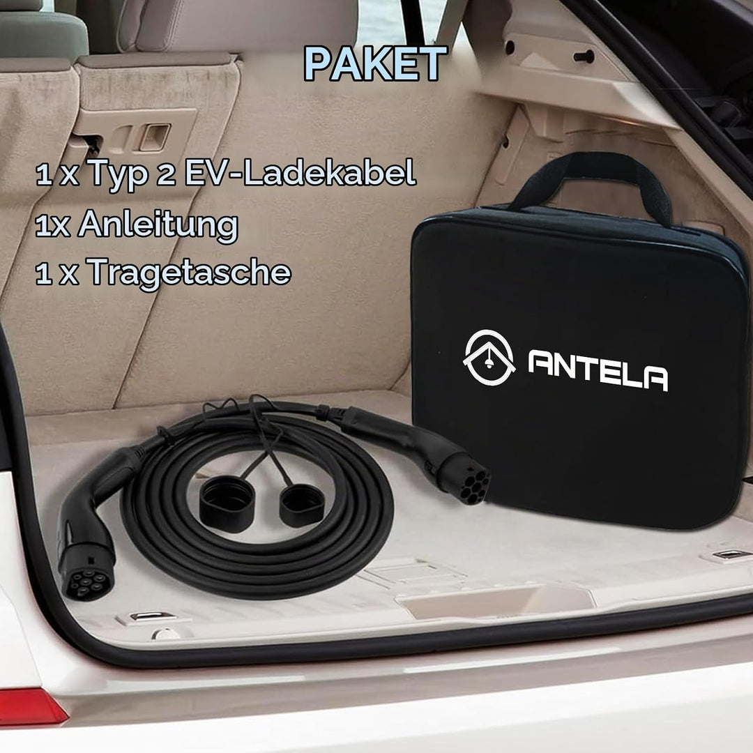 ANTELA Typ 2 Ladekabel 22kW/32A/7M, 3-Phasig für EV Elektroautos PHEV mit Tragetasche, 22kW/32A