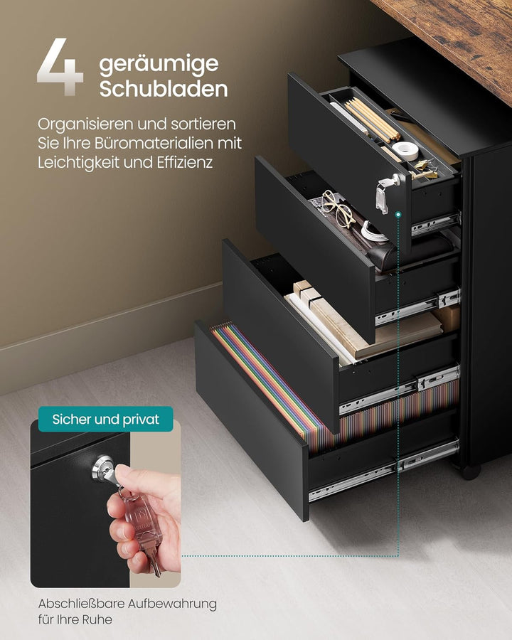 SONGMICS Rollcontainer, Metallschrank, mobiler Aktenschrank, Druckertisch, abschliessbar, 4 Schublad