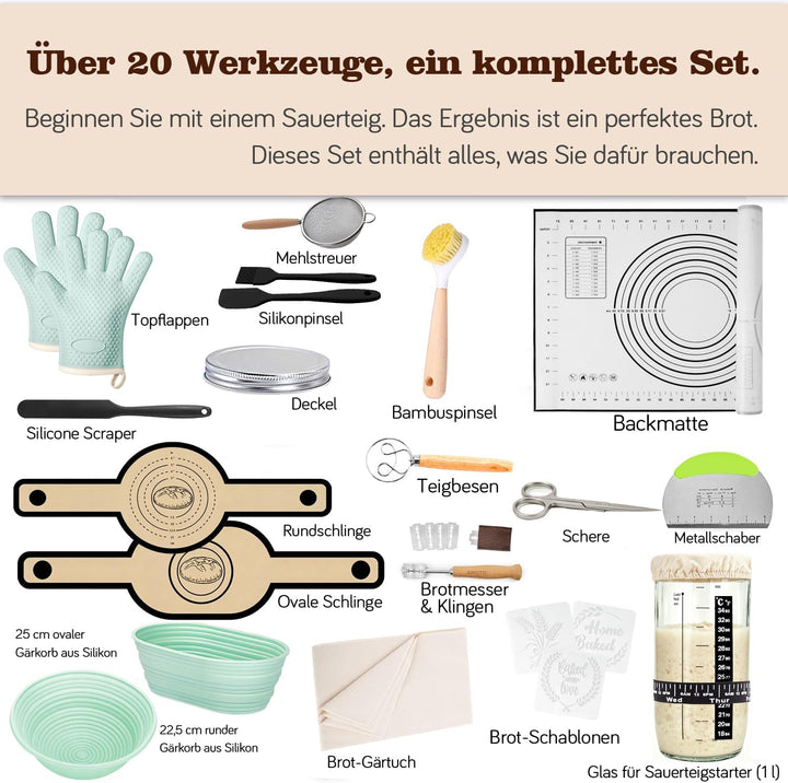 Sauerteig Starter Set, 30-teilig Gärkorb Brot, 30CM runde und ovale Silikon-Gärkörbe, Komplettset Br