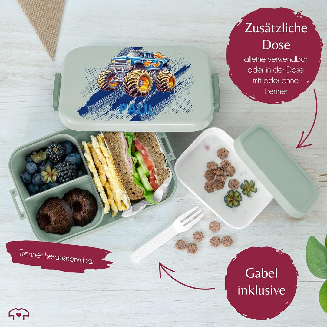 Kinder Bento Box Midi für Mepal Bentobox - Auto - Lunchbox Monstertruck mit Name Brotbox Monster Tru