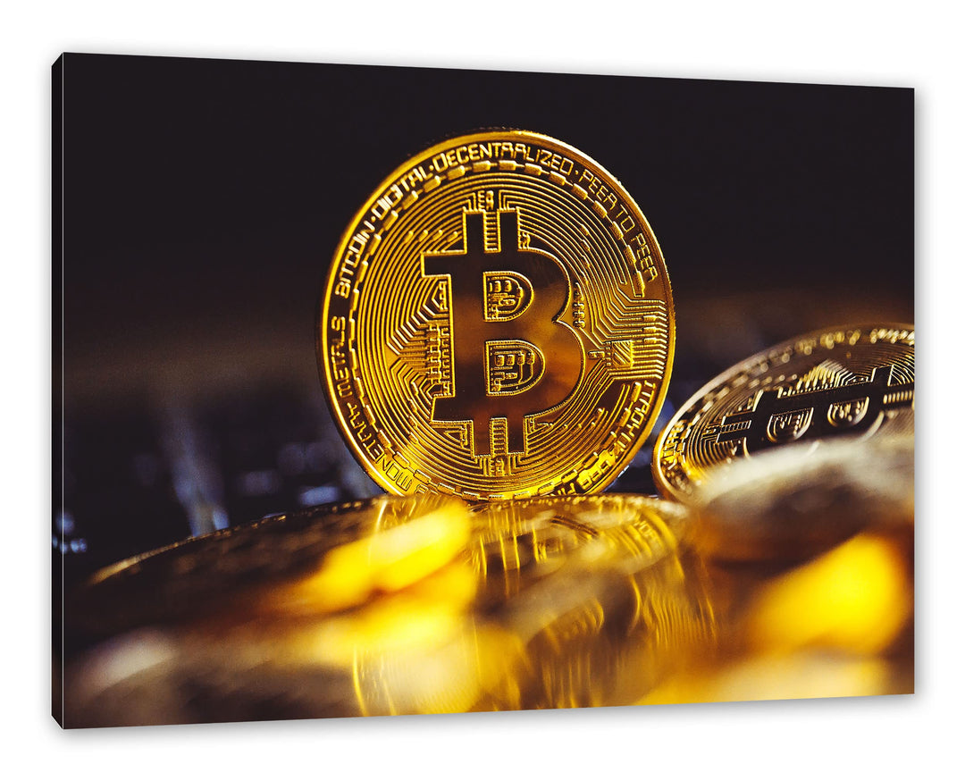 Pixxprint Bitcoin BTC zwischen Münzen als Leinwandbild | Grösse: 120x80 cm | Wandbild | Kunstdruck |
