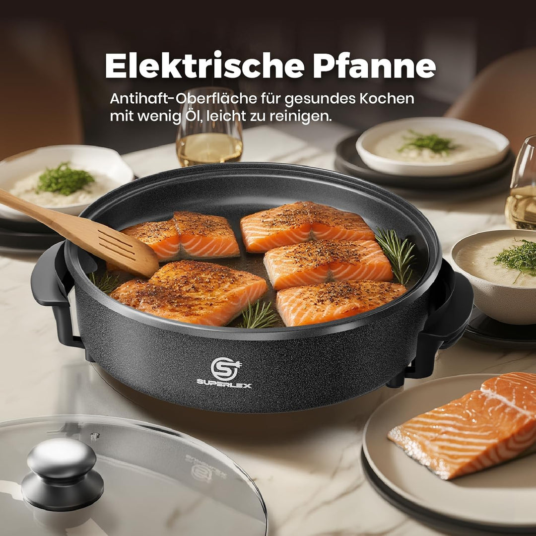 SUPERLEX MultifunktionalePfanne 9,6 Liter, Elektrische Multipfanne mit Deckel 42x7 cm 1500Watt, Elek