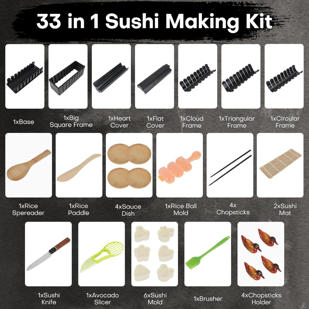 Sushi-Macher Kit, 33-tlg. Sushi-Set für Anfänger inkl. Sushi-Roller, Sushi-Schneideform, Reisball-Fo