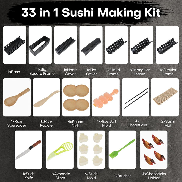 Sushi-Macher Kit, 33-tlg. Sushi-Set für Anfänger inkl. Sushi-Roller, Sushi-Schneideform, Reisball-Fo