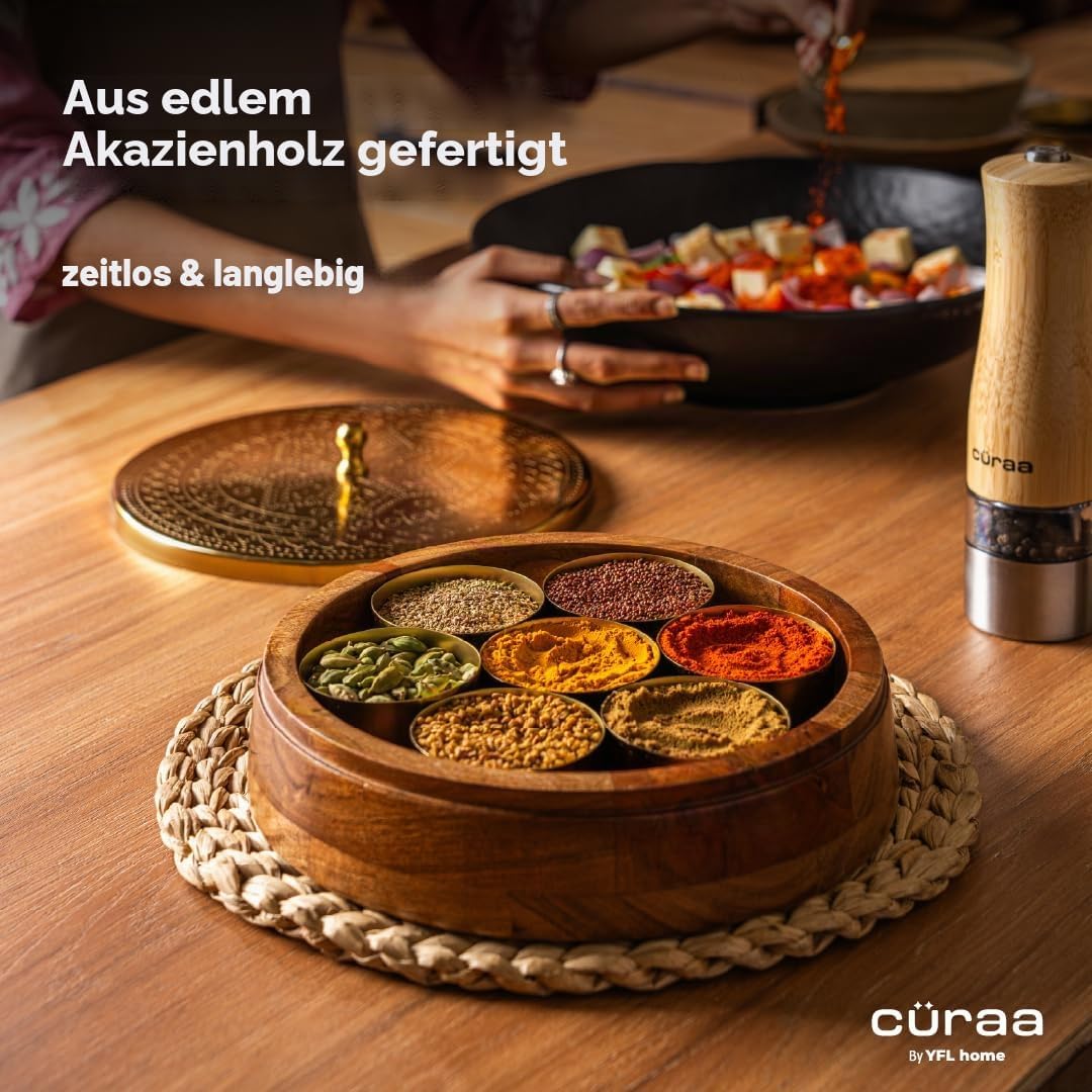 CÜRAA by YFL home Gewürzbox für Küche mit Löffel (Akazienholz, 7 abnehmbare Behälter, 120 ml) | Masa