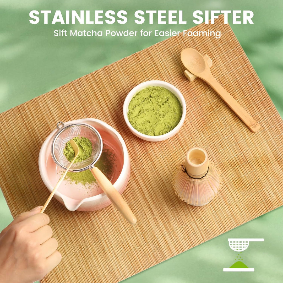 Matcha Set, 7er-Set Macha Tea Set Matcha zubehör mit Matcha Löffel, Matcha Schale mit Auslauf, Match