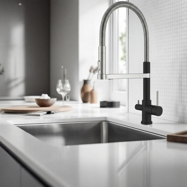 AORA® | STATEMENT INOX 3 Wege Wasserhahn aus Edelstahl 2.0 | 360° drehbare Küchenarmatur aus massive
