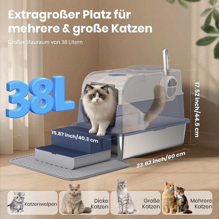 XXL Katzenklo Edelstahl mit Deckel, Cityflee Geschlossenes Katzenklo, Katzentoilette mit Deckel & Fr