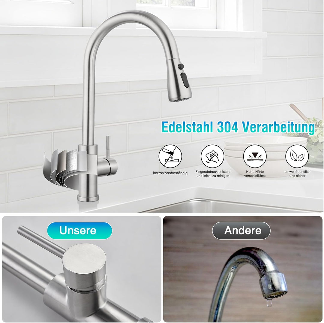 Wasserhahn Küchen, Hochdruck Küchenarmatur mit Brausekopf, 2 Wasserauslauf Modi, Küchenarmatur Auszi