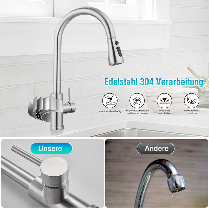 Wasserhahn Küchen, Hochdruck Küchenarmatur mit Brausekopf, 2 Wasserauslauf Modi, Küchenarmatur Auszi