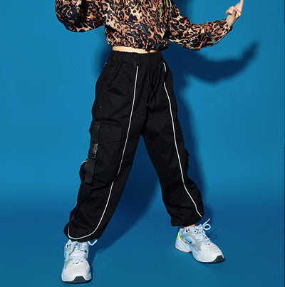 Kinder Cargo Hose Elastische Taille Jogger Hose für Jungen Mädchen Street Hip Hop Schwarzer Streifen