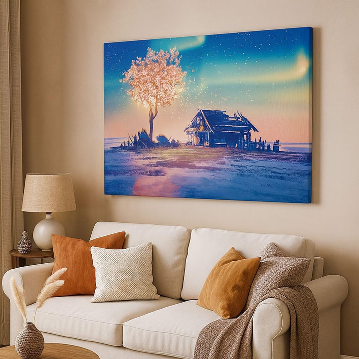 ARTTOR Bilder auf Leinwand 100x70cm Leinwandbild Baum Haus Nacht Sterne Gross Wanddeko Bild Schlafzi