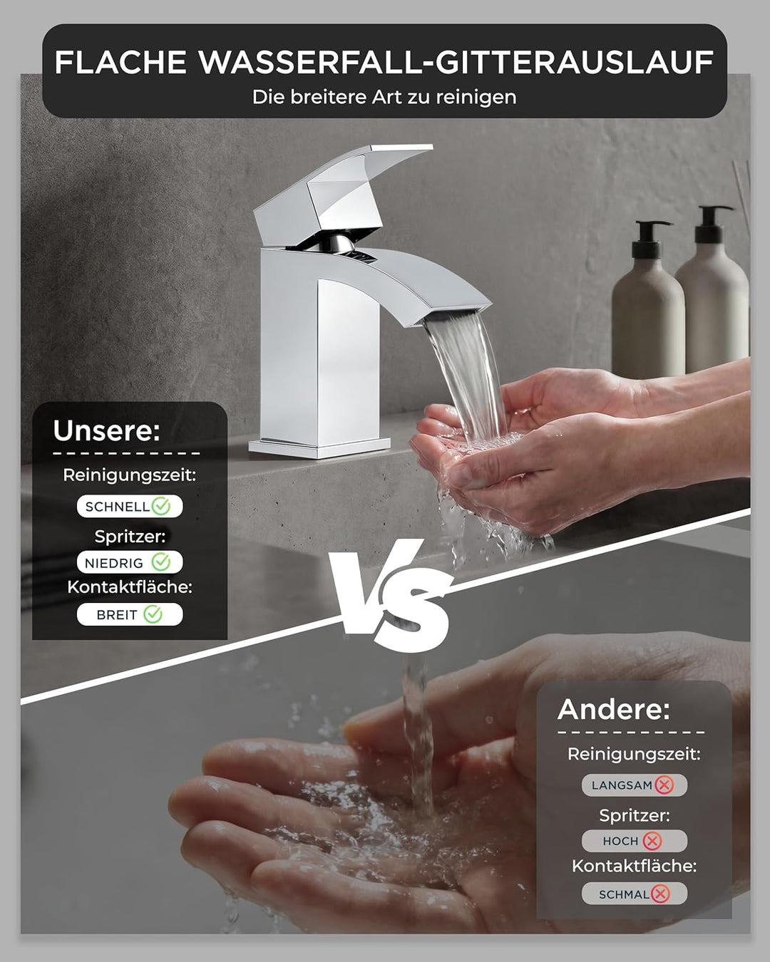 FORIOUS Wasserhahn Bad mit Ablaufgarnitur, Wasserfall Waschtischarmatur mit Auslauf Höhe 60 mm, Misc