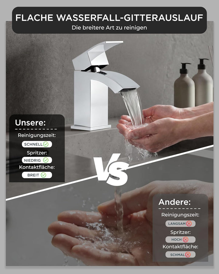 FORIOUS Wasserhahn Bad mit Ablaufgarnitur, Wasserfall Waschtischarmatur mit Auslauf Höhe 60 mm, Misc
