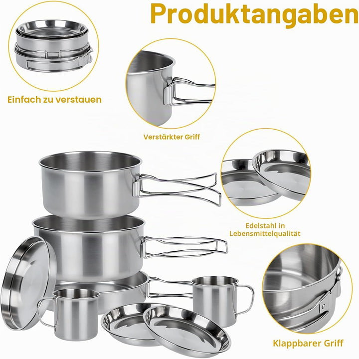 Camping Kochgeschirr Set, Camping Geschirr Set Edelstahl Camping Topf mit Pfanne Outdoor Kochgeschir