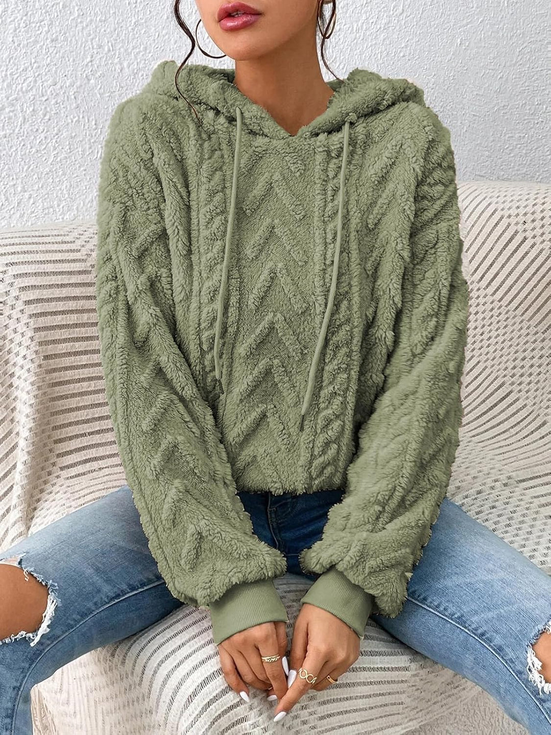 Zetieny Hoodie Damen Kapuzenpullover Teddy Fleece Double Fuzzy Fluffy Jacquard Pullover Lässiges War