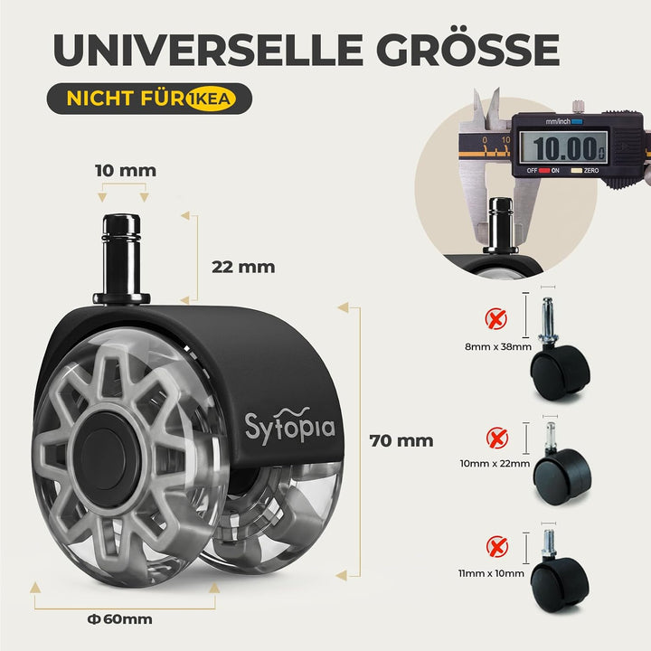 Sytopia Bürostuhl Rollen 10 x 22mm, Rollen Für Bürostühle 70mm, Gummi Bürostuhlrollen, 5er-Set, Für