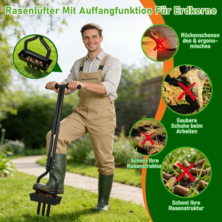 Manueller Rasenlüfter mit Ablageschale, Profi Aerifizierer für Rasenpflege, Hohlspoon Rasenspecht mi