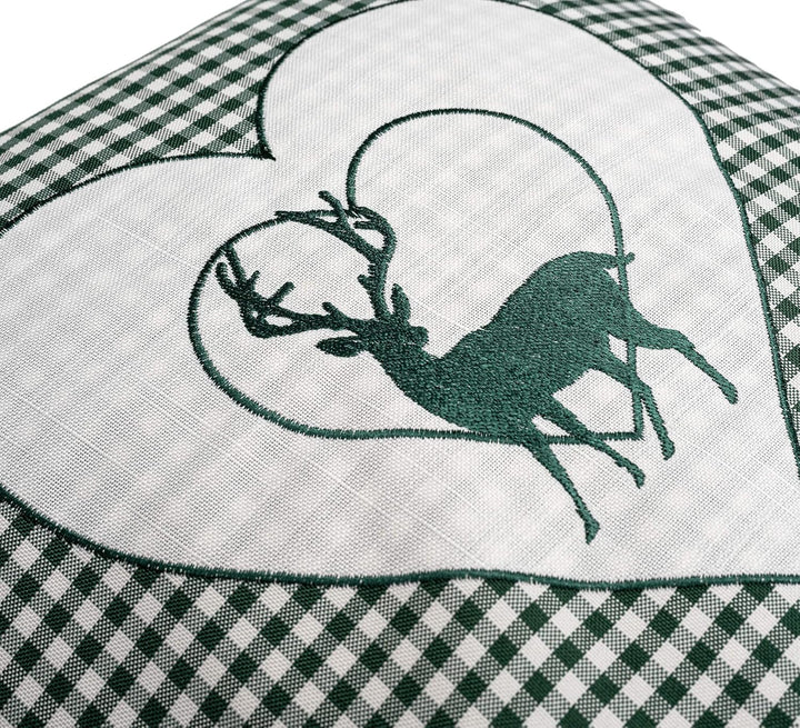 Zirbenkissen bestickt mit Hirsch und Herz grün karriert Grösse 40x40 cm befüllt mit Zirbenflocken au