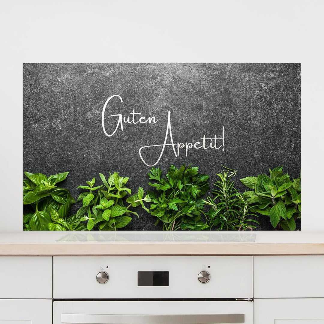 GRAZDesign Spritzschutz Küchenrückwand Glas Küche für Herd &amp; Küchenspüle, Kräuter Guten Appetit Glas