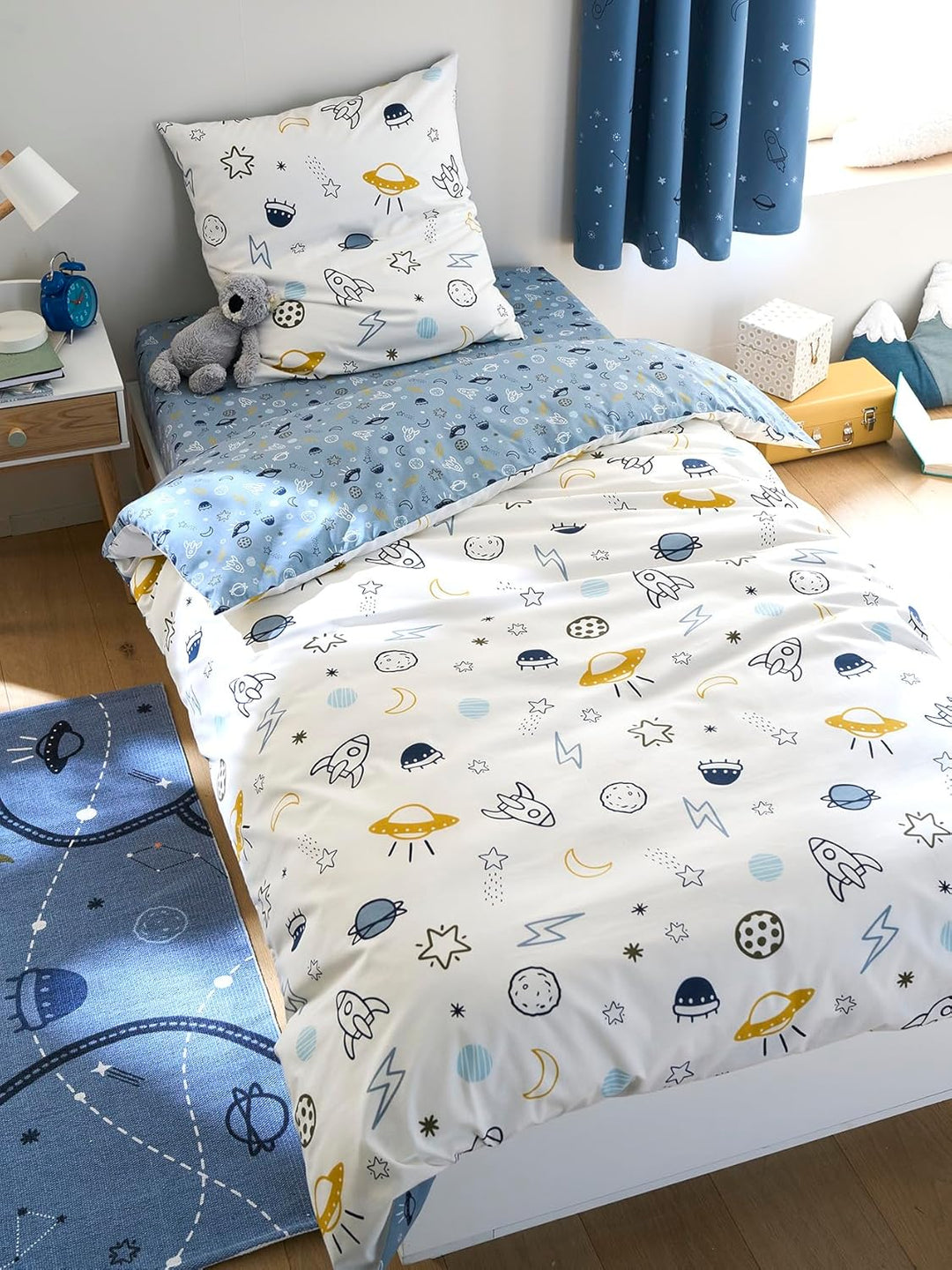 Vertbaudet Kinder Bettwäsche-Set „Cosmos“ blau/weiss Bedruckt 140X200 - Kissen 50X75 140X200 - KISSE