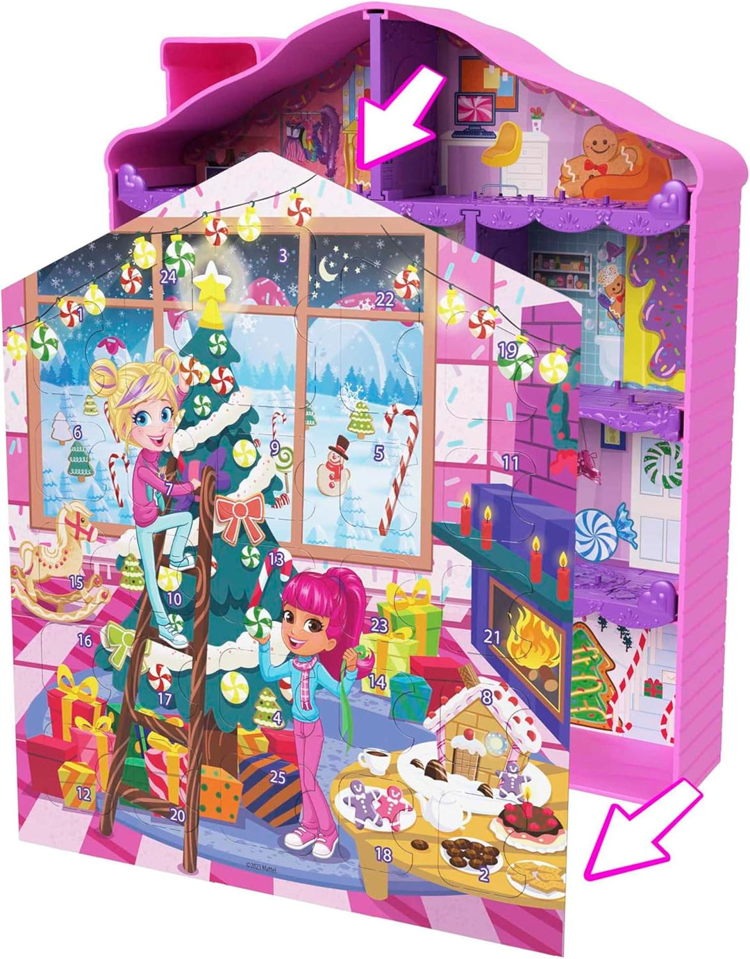 POLLY POCKET Adventskalender-Haus - 25 Überraschungen, 2 Puppen, 27 Zubehörteile, Lebkuchenhaus-Desi