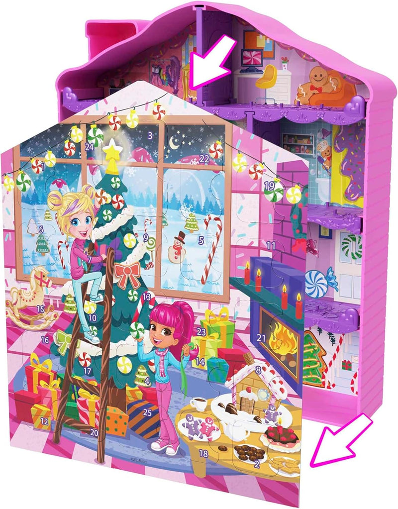 POLLY POCKET Adventskalender-Haus - 25 Überraschungen, 2 Puppen, 27 Zubehörteile, Lebkuchenhaus-Desi