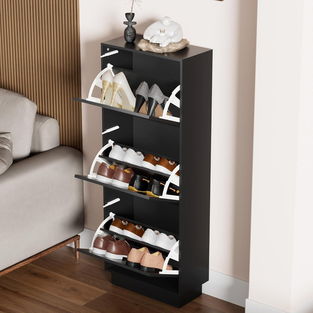 UEV Schuhschrank mit 3 Klappen, Schuhkipper Schuhkommode Schuhregal schmal für Flur mit Kippschutz/D