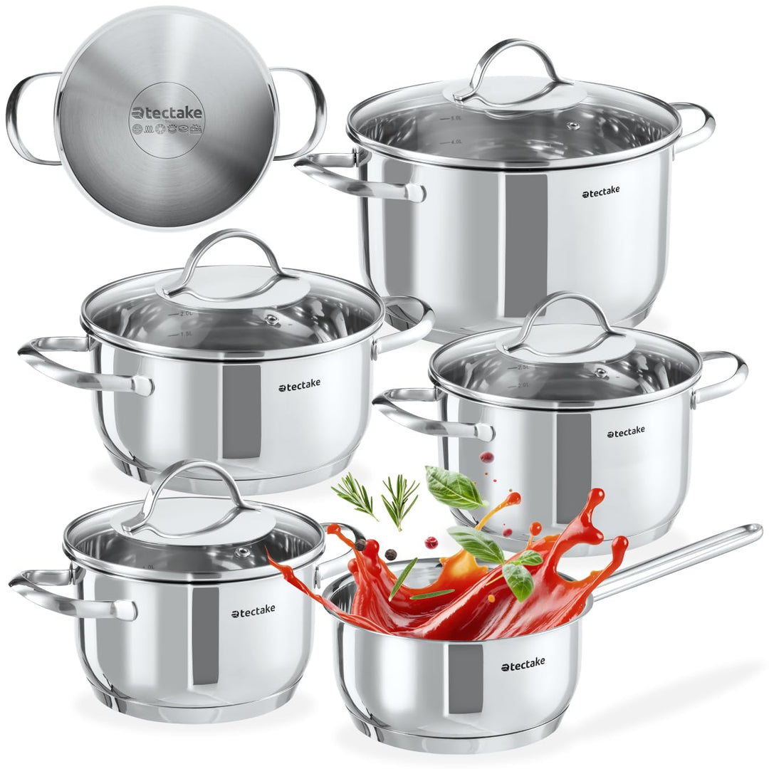 tectake® 9-tlg. Topfset, Edelstahl Kochgeschirr, Töpfe Set mit Deckel, Kochtopf Set für Induktionsko