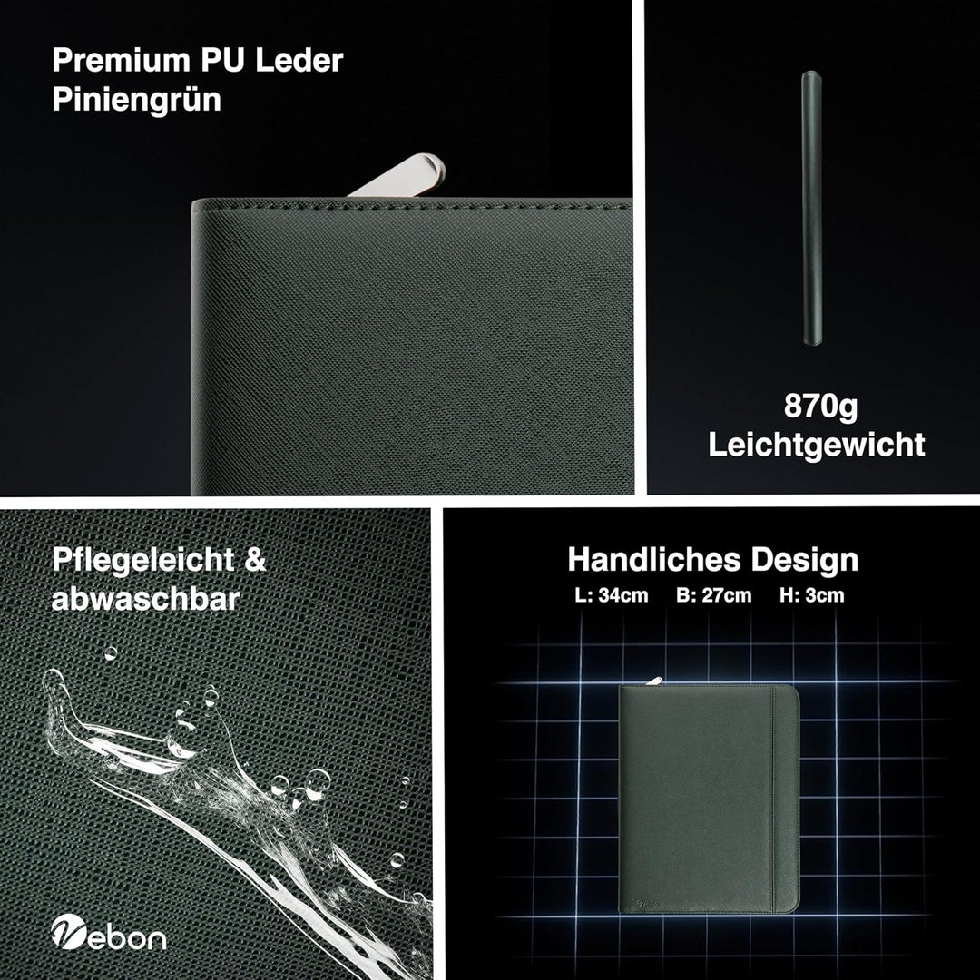 Vebon® Schreibmappe A4 gross Rom I Doppel Reissverschluss + Klemmbrett I Konferenzmappe + Laptoptasc