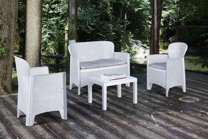 Dmora - Outdoor-Lounge-Set Ostuni, Gartengarnitur mit 2 Sesseln, 1 Sofa und 1 Couchtisch, Sitzecke i