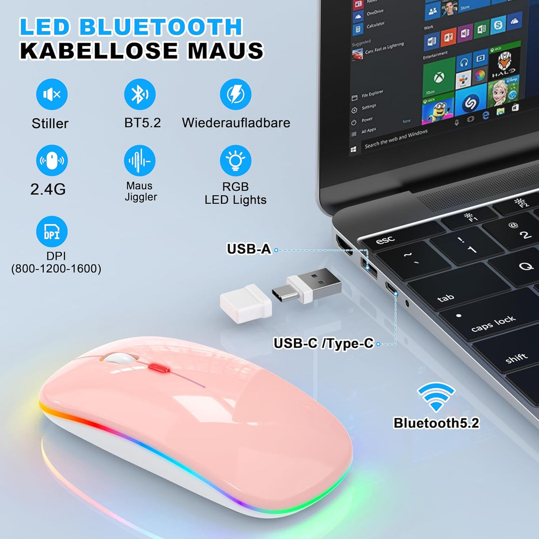 LED Bluetooth Maus Kabellose, Wiederaufladbare Maus für iPad MacBook PC Laptop Computer, Tragbare Sc