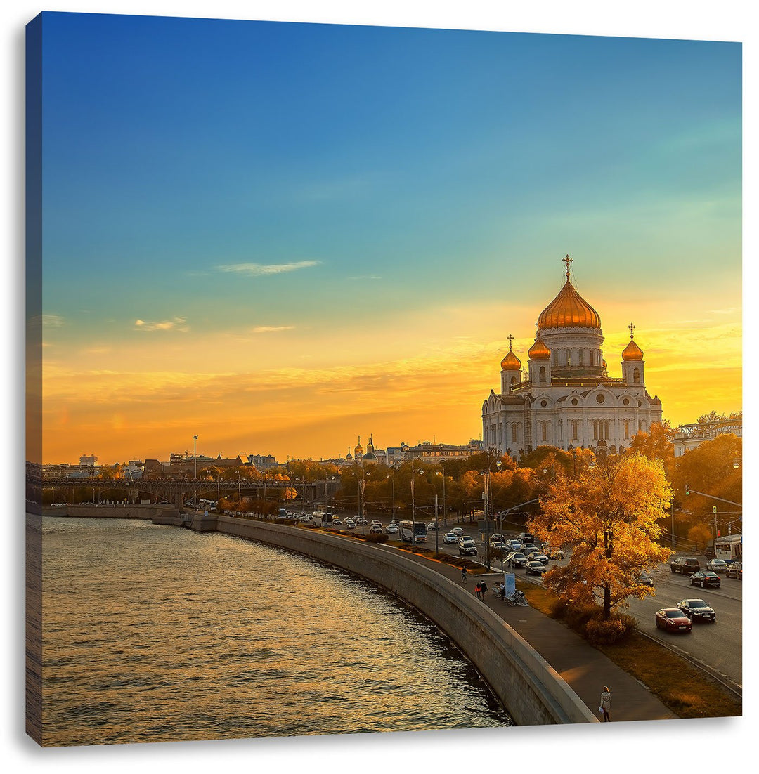 Sonnenuntergang in Moskau, Format: 70x70 auf Leinwand, XXL riesige Bilder fertig gerahmt mit Keilrah