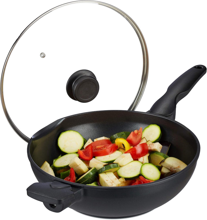 Relaxdays Wok Pfanne mit Glasdeckel 30 cm, Griffe, Antihaftbeschichtung, für Induktion, Gas-, Elektr