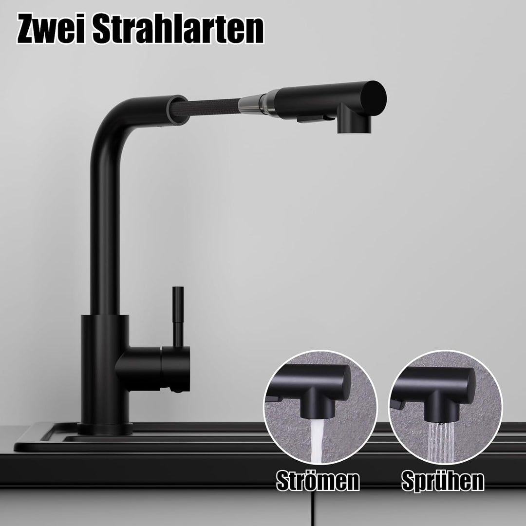 Wasserhahn Küche Schwarz, SEMANEY Hochdruck Küchenarmatur mit Brause Ausziehbar Zwei Strahlarten, Sp