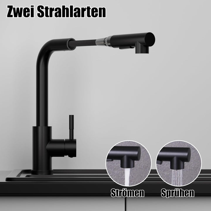 Wasserhahn Küche Schwarz, SEMANEY Hochdruck Küchenarmatur mit Brause Ausziehbar Zwei Strahlarten, Sp