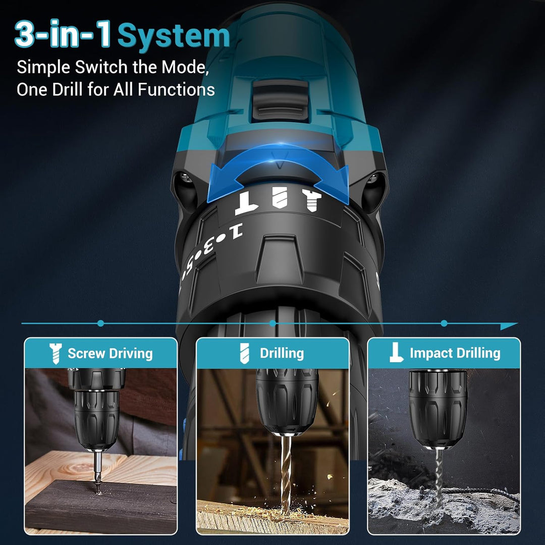Akkuschrauber 21V, LEEIKOO Akku Bohrschrauber 42N.m, Akku Bohrmaschine, 25+3 Drehmomentstufen, 10mm