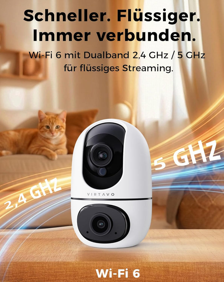 VIRTAVO WLAN Dual Kamera Überwachung Innen, 2 Ansichten Gleichzeitig, Ohne ABO, Smart Tracking, Rund