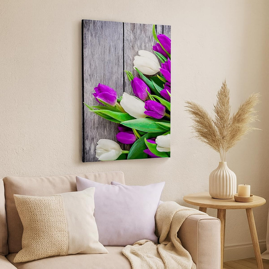 Bilder auf Leinwand 55x100cm Leinwandbild mit Rahmen Tulpen Holz Blumenstrauss Blumen Gross Wanddeko