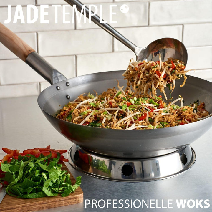 JADE TEMPLE Wok aus Carbonstahl, mit flachem Boden und 30 cm Durchmesser, mit rundem Holzgriff Durch